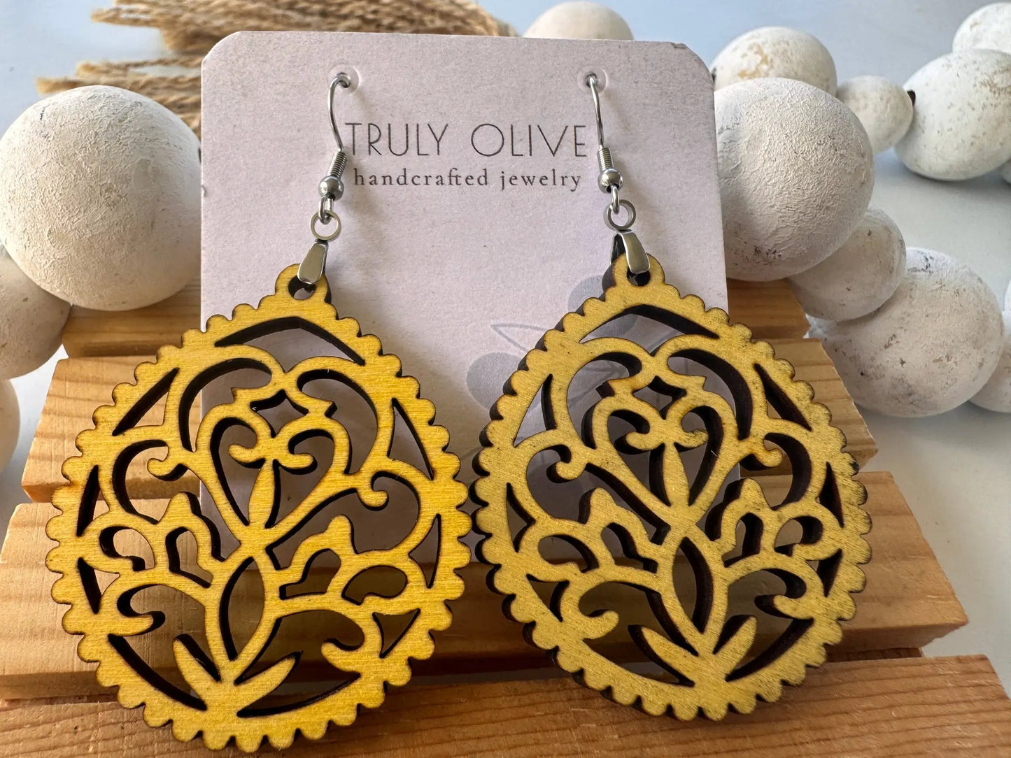 Truly Olive Intricate Wood Earrings - Earrings Dangle Earrings