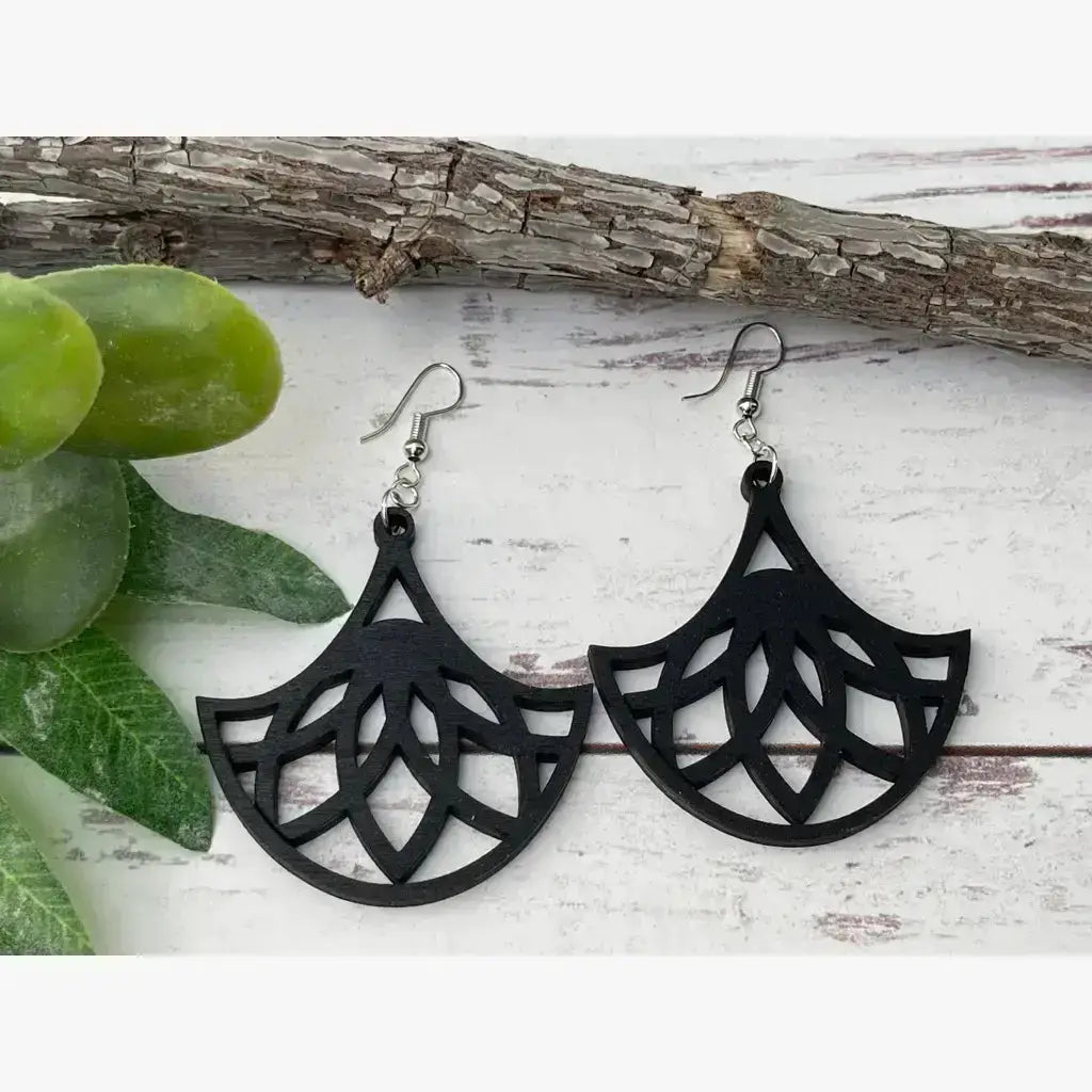 Truly Olive Fan Shape Lightweight Wood Earrings - Earrings Dangle Earrings