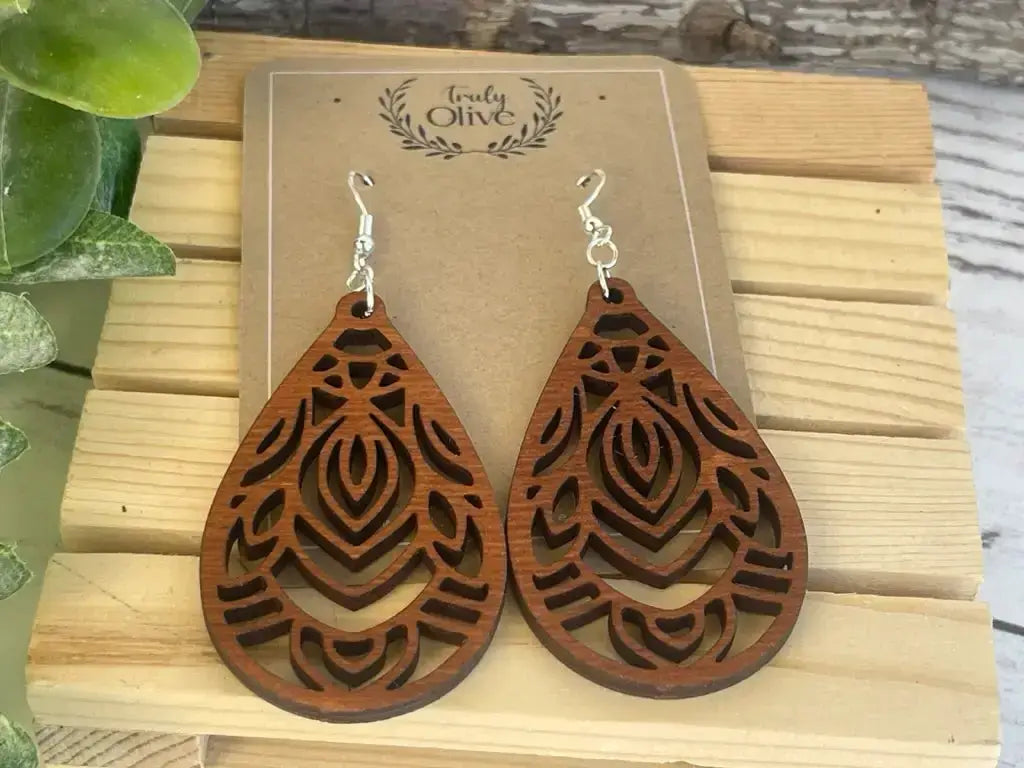 Truly Olive Mandala Wood Earrings - Earrings Dangle Earrings
