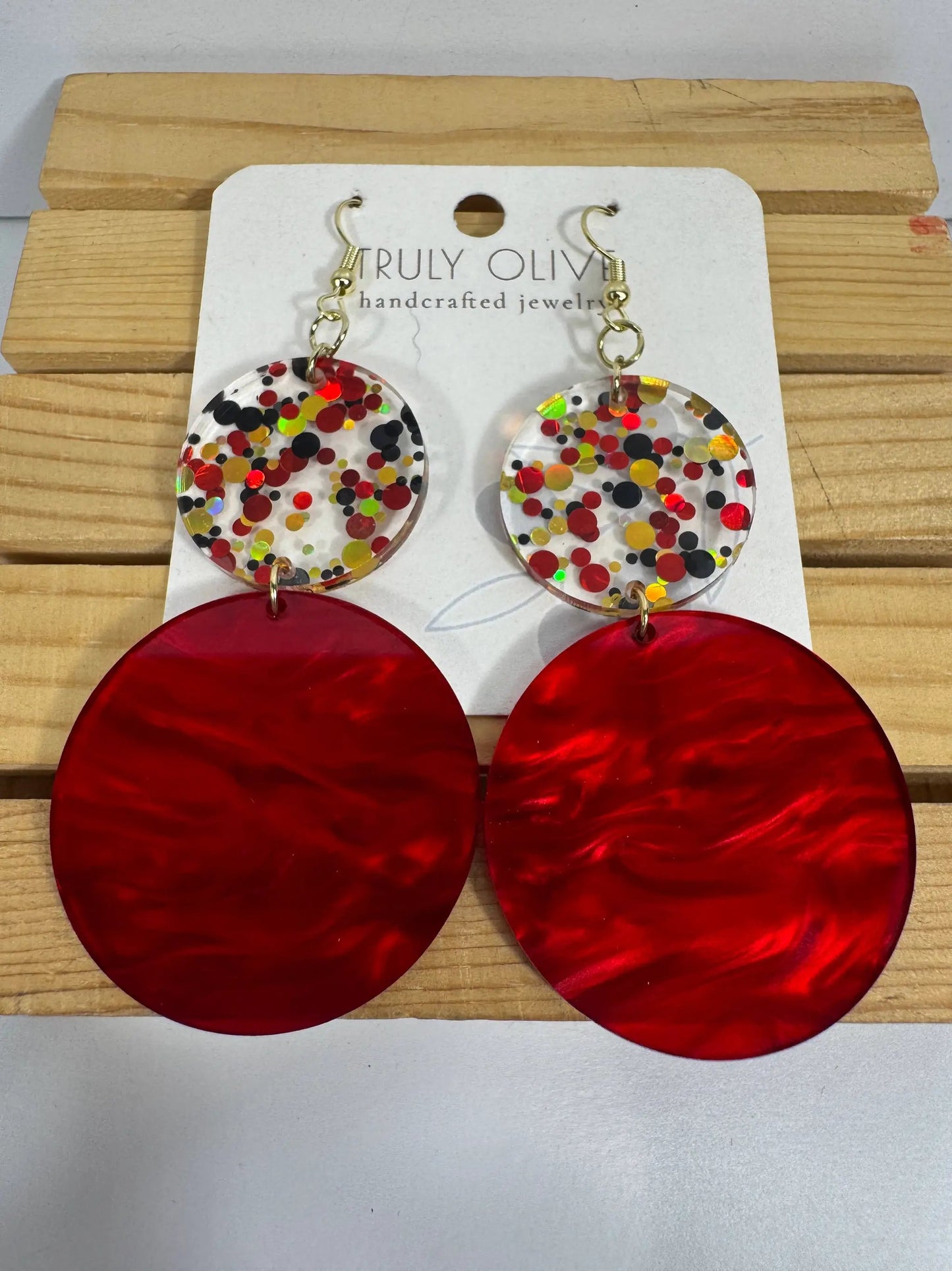 Truly Olive Red and Confetti Acrylic Earrings - Earrings Dangle Earrings