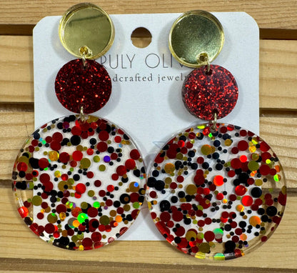 Truly Olive Tiered Red and Gold Confetti Acrylic Earrings - Earrings Dangle Earrings