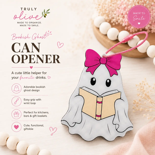 Truly Olive Bookish Ghost Bag Charm | Pink Bow Halloween Keychain & Purse Accessory - Can Openers Can Opener