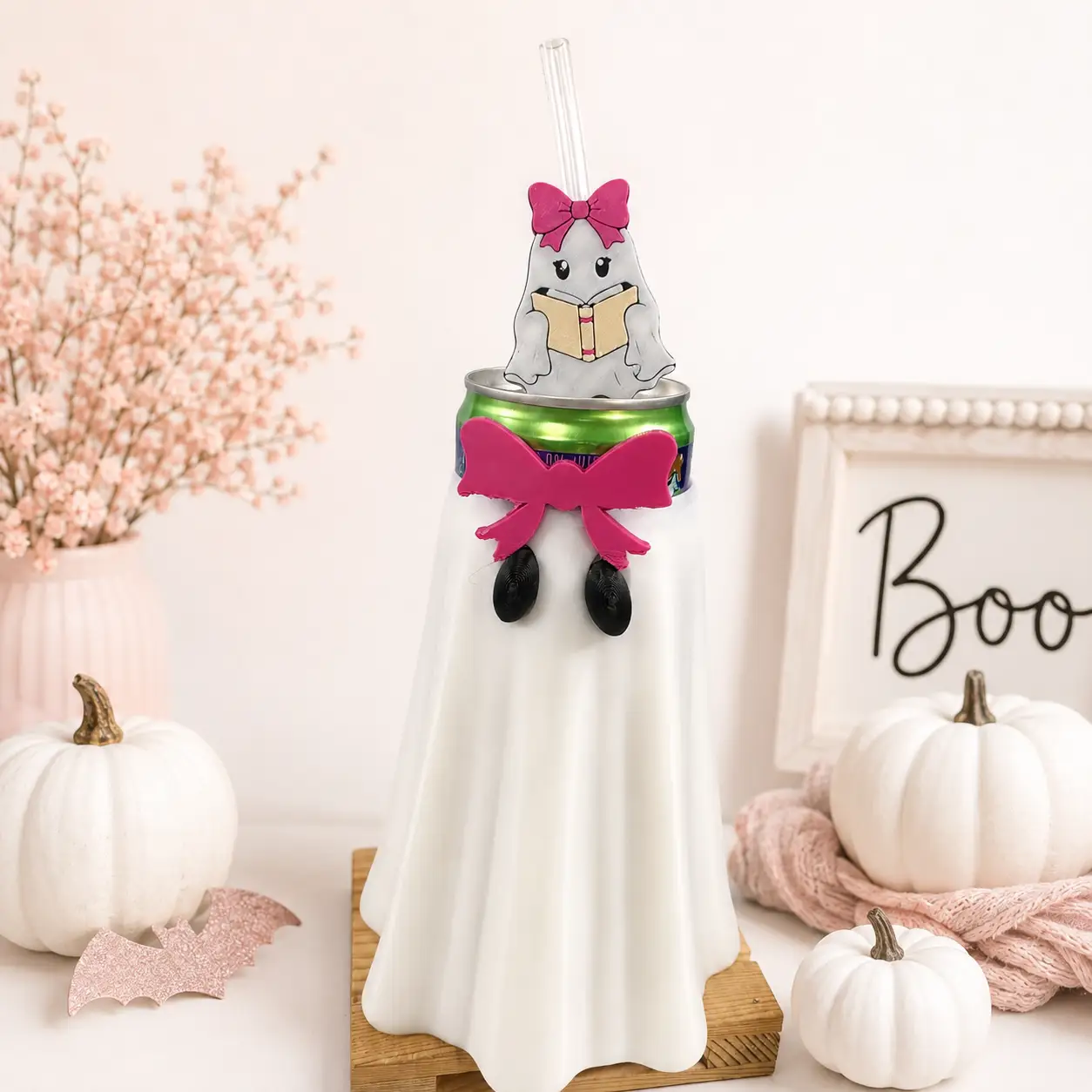 Truly Olive Ghost Can Cooler with Straw Topper, Pink Bow Halloween Can Holder, Spooky Season Drink Holder, Cute Ghost Gift, 3D Printed Decor - Drink Sleeves Can Coolers