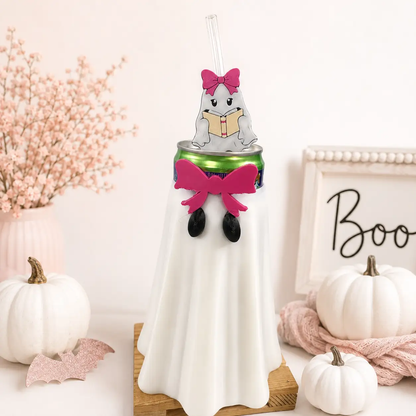 Truly Olive Ghost Can Cooler with Straw Topper, Pink Bow Halloween Can Holder, Spooky Season Drink Holder, Cute Ghost Gift, 3D Printed Decor - Drink Sleeves Can Coolers