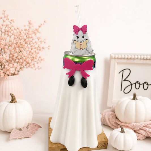 Truly Olive Ghost Can Cooler with Straw Topper, Pink Bow Halloween Can Holder, Spooky Season Drink Holder, Cute Ghost Gift, 3D Printed Decor - Drink Sleeves Can Coolers