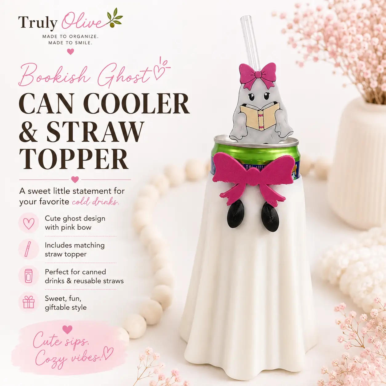 Truly Olive Ghost Can Cooler with Straw Topper, Pink Bow Halloween Can Holder, Spooky Season Drink Holder, Cute Ghost Gift, 3D Printed Decor - Drink Sleeves Can Coolers