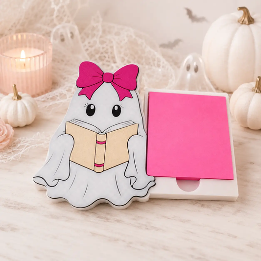Truly Olive Bookish Ghost Notepad Holder, Ghost Sticky Note Holder, Halloween Desk Decor, Spooky Office Accessory, Book Lover Gift, Cute Ghost Decor - Desktop Organizers Notepad Holder
