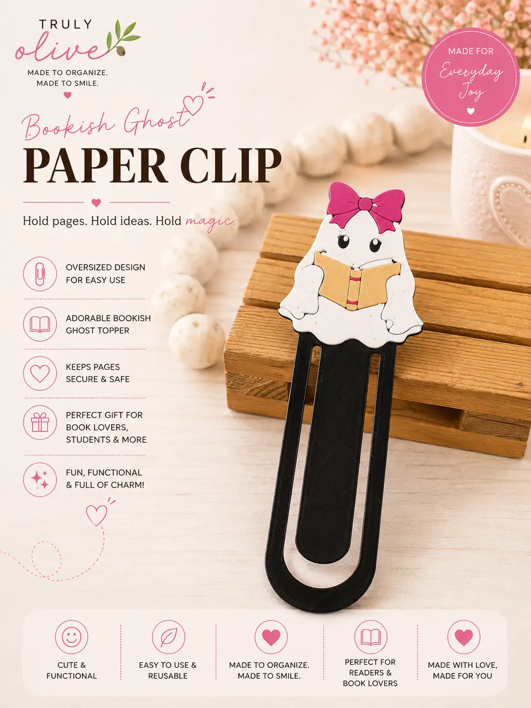 Truly Olive Book Lover Ghost Jumbo Paperclip Bookmark | Pink Bow Halloween Reading Accessory - Bookmarks Jumbo Paperclip