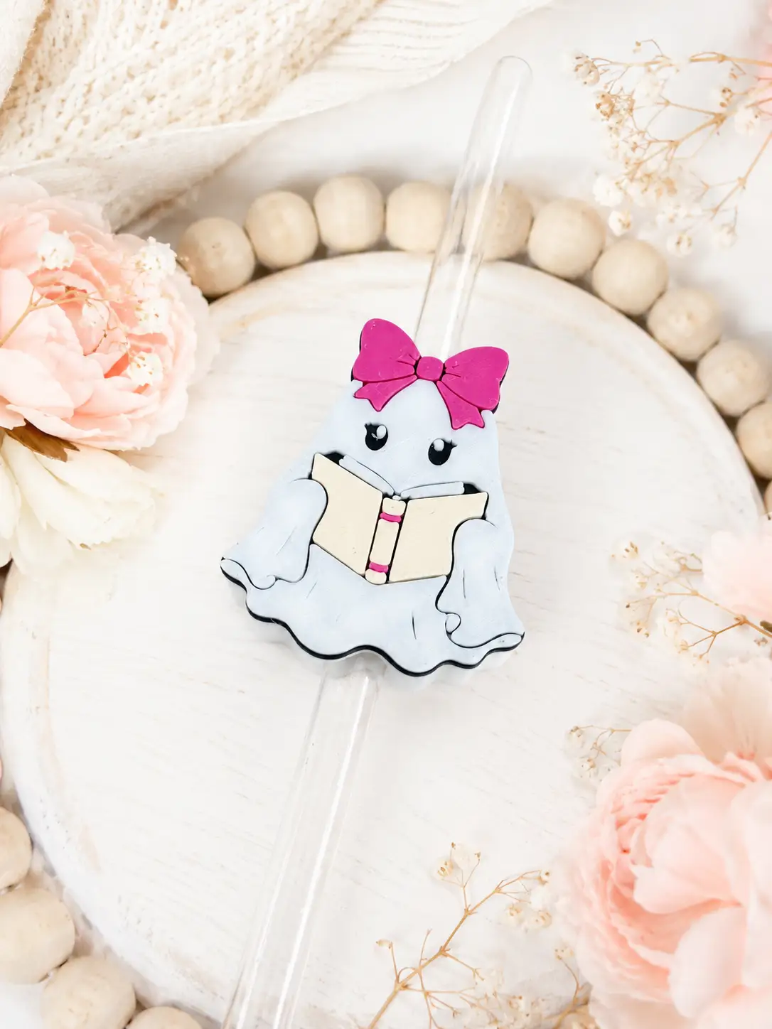 Truly Olive Ghost Can Cooler with Bookish Straw Topper, Pink Bow Ghost Can Holder, Halloween Drink Holder, Spooky Season Gift, Cute Ghost Decor - Straw Holders Straw Toppers