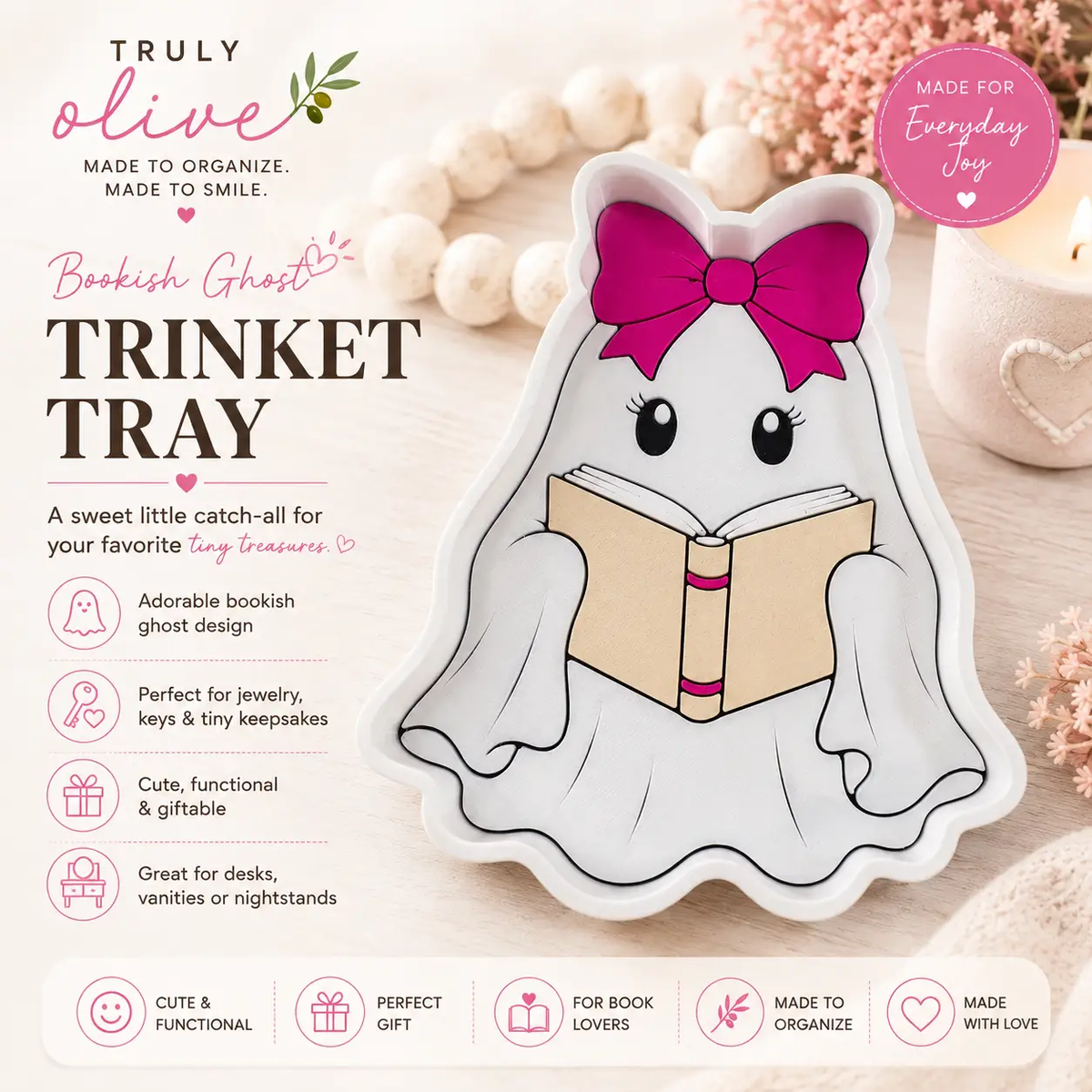 Trulyolive Bookish Ghost Trinket Tray, Cute Halloween Jewelry Dish, Pink Bow Ghost Decor, Spooky Season Ring Dish, Book Lover Halloween Gift - Decorative Trays