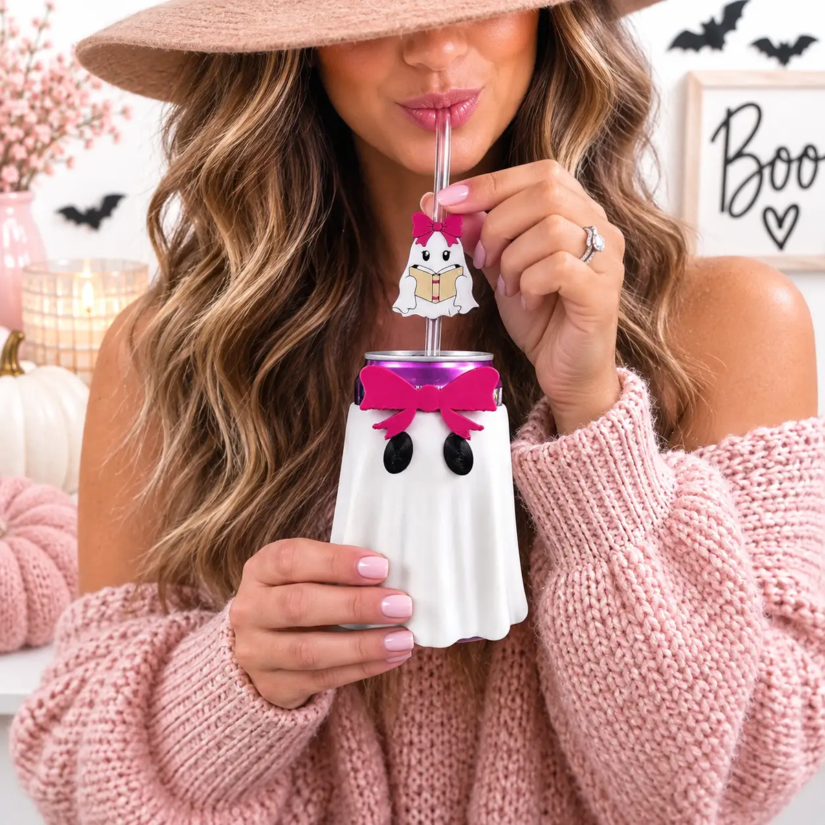 Truly Olive Spooky Ghost Can Cooler With Straw Topper Chills Drinks - Drink Sleeves Can Coolers