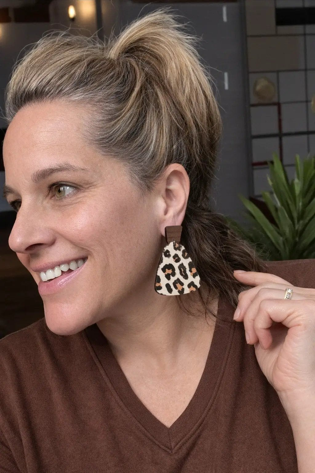Truly Olive Exotic Leopard Print Reclaimed Wood Earrings - Earrings Stud/Post Earrings