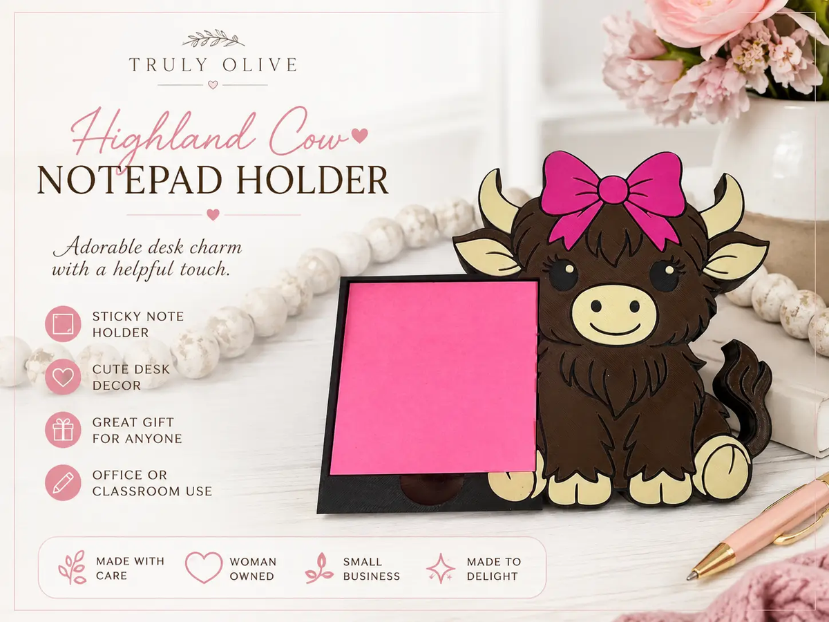 Truly Olive Highland Cow Notepad Holder | Pink Sticky Note Desk Organizer - Notepads Notepad Holder