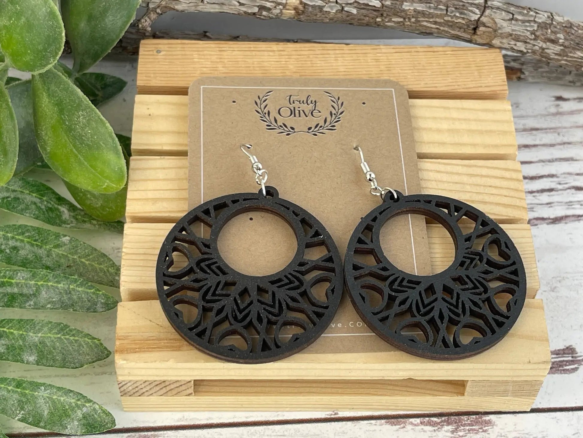 Truly Olive Boho Mandala Wooden Earrings - Earrings Dangle Earrings