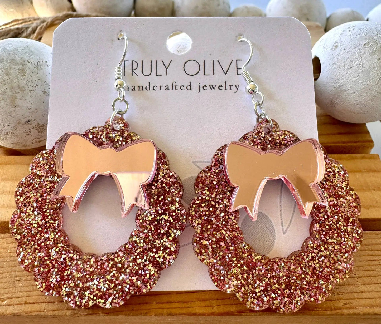 Truly Olive Pink Mirrored Acrylic Christmas Wreath - Earrings Dangle Earrings
