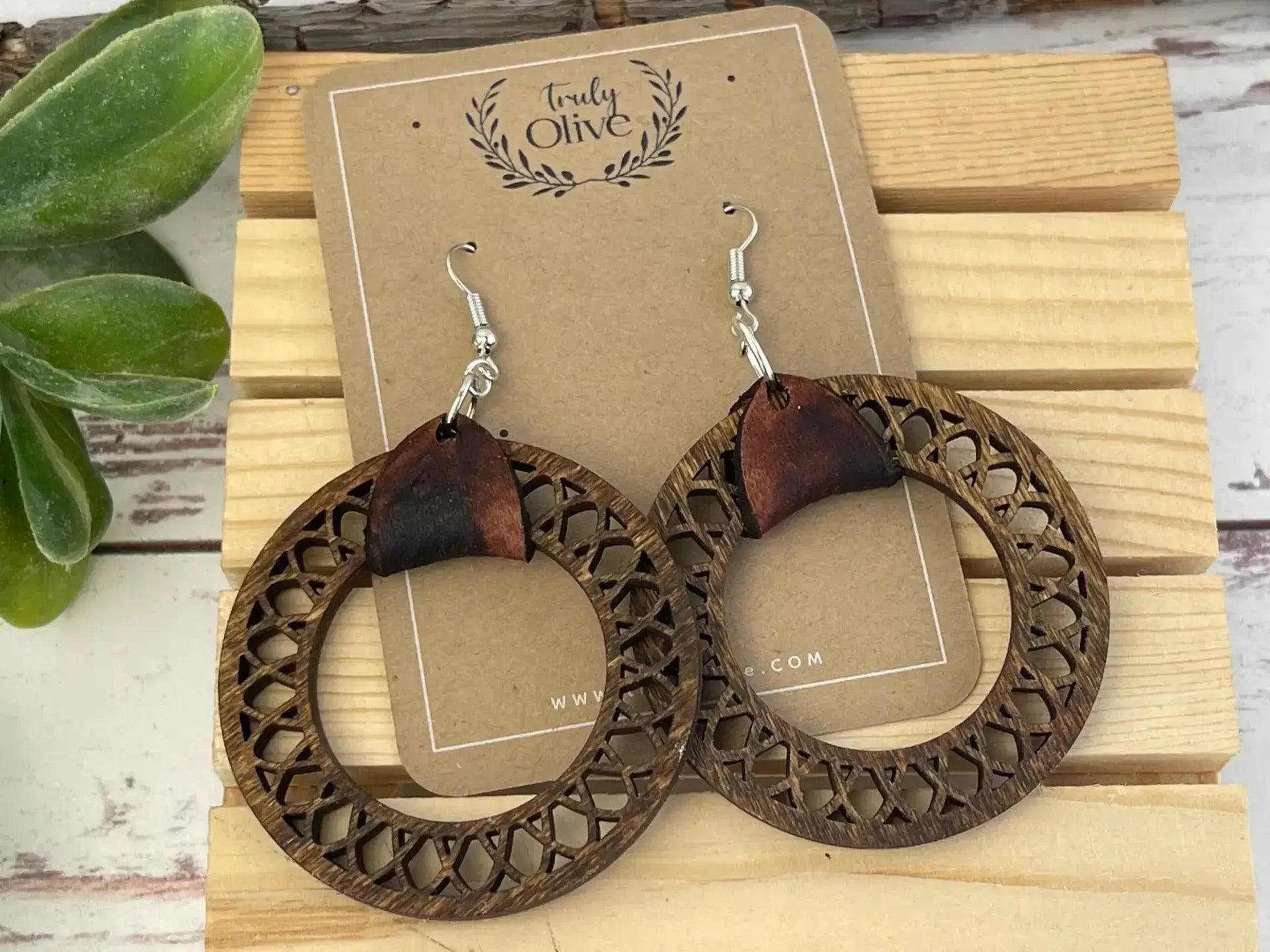 Truly Olive Leather and Wood Filigree Earrings - Earrings Dangle Earrings