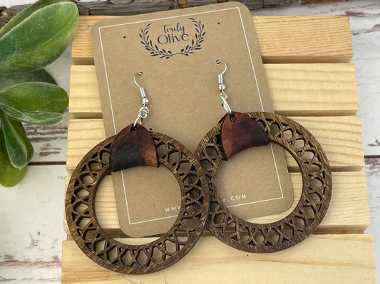 Truly Olive Leather and Wood Filigree Earrings - Earrings Dangle Earrings