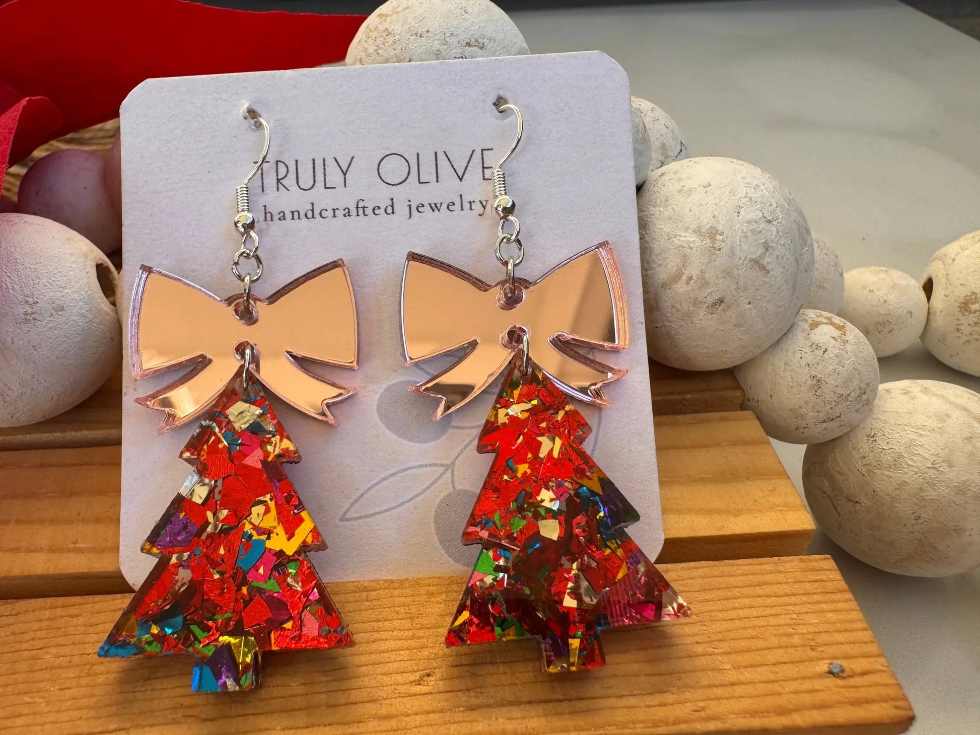 Truly Olive Glitter Christmas Trees With Rose Gold Bow - Earrings Dangle Earrings