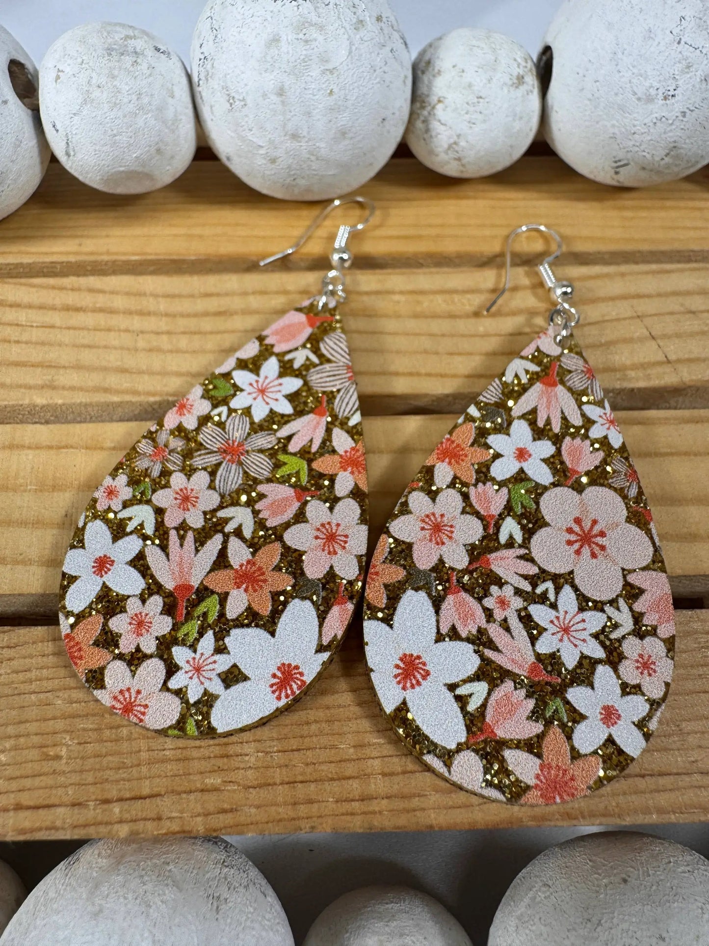 Truly Olive Pink Sparkle Flower Pattern Acrylic Earrings - Earrings Dangle Earrings