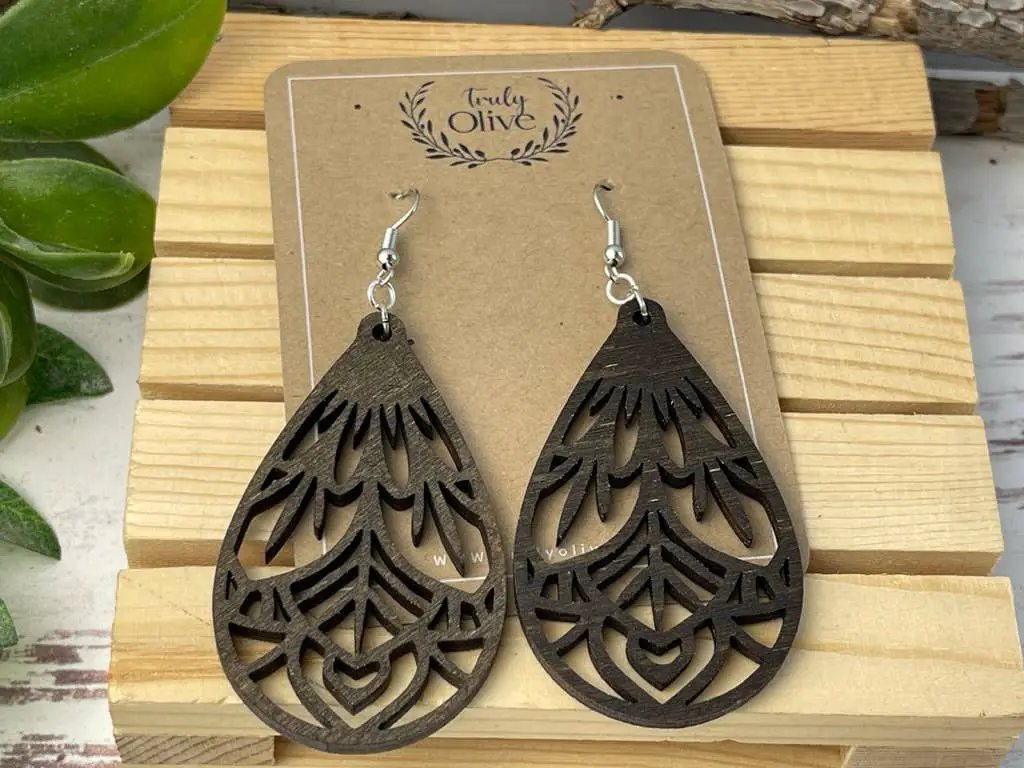Truly Olive Vintage Wood Mandala Earrings Teardrops - Earrings Dangle Earrings