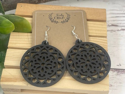 Truly Olive Wood Mandela Circle Shape Lightweight Earrings - Earrings Dangle Earrings