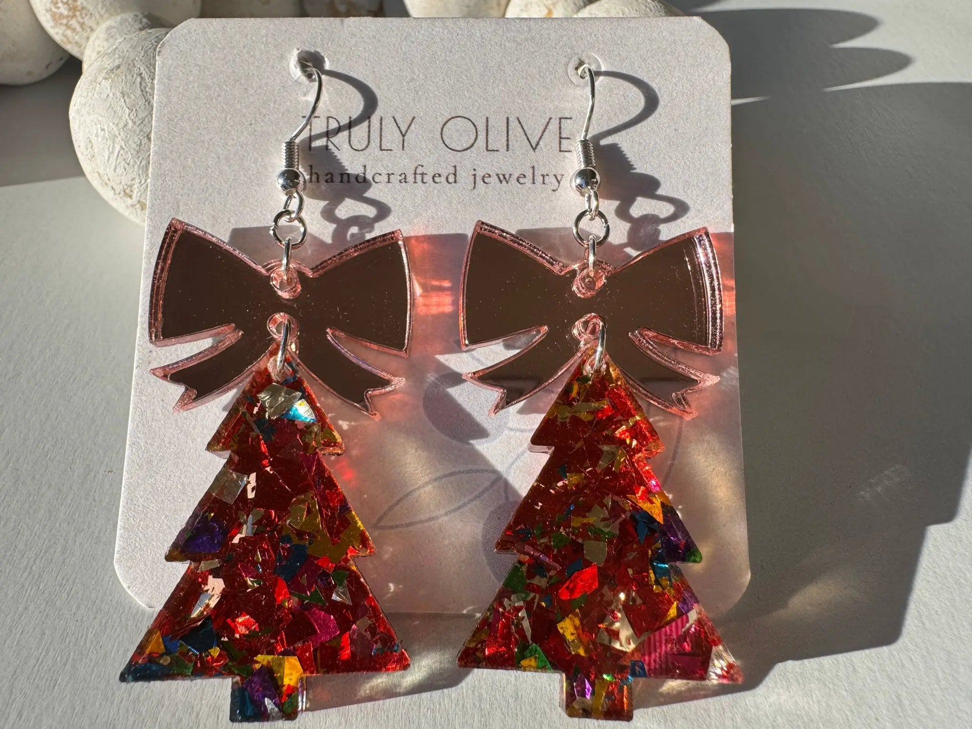 Truly Olive Glitter Christmas Trees With Rose Gold Bow - Earrings Dangle Earrings