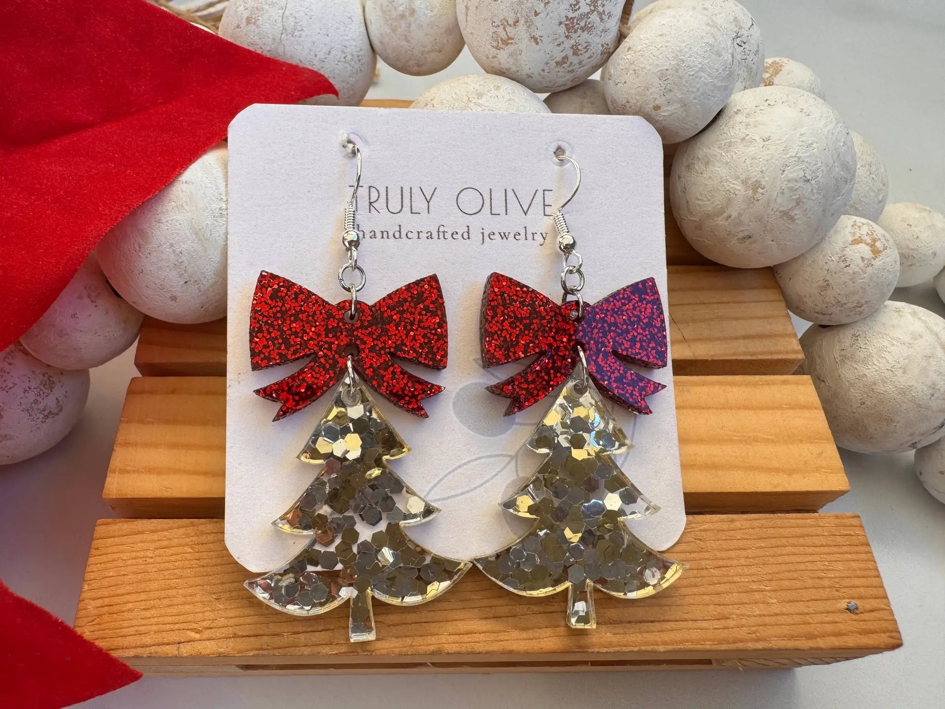 Truly Olive Confetti Glitter Christmas Trees With Red Bow - Earrings Dangle Earrings