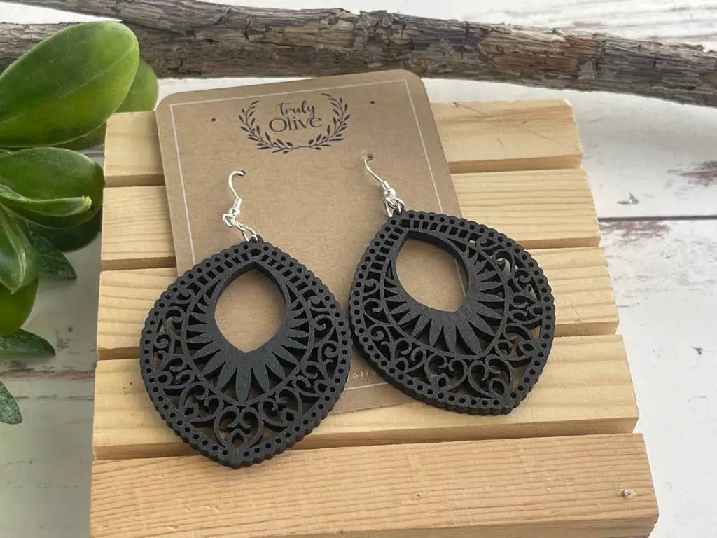 Truly Olive Lightweight Oval Wood Mandala Earrings - Earrings Dangle Earrings