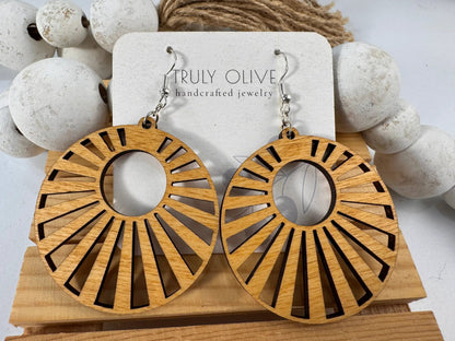 Truly Olive Wood Mandala Earrings in a Unique Fanned Out Circle Shape - Earrings Dangle Earrings