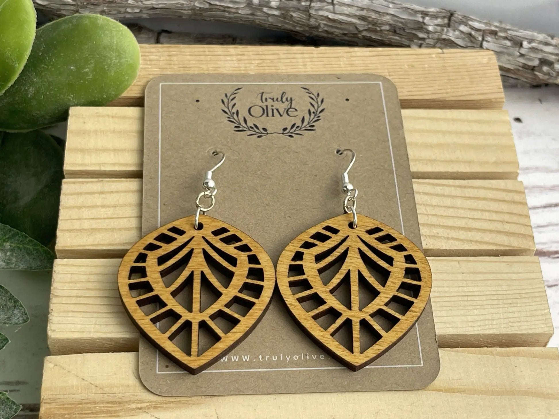 Truly Olive Small Lightweight Wood Geometric Earrings - Wear All Day - Earrings Dangle Earrings