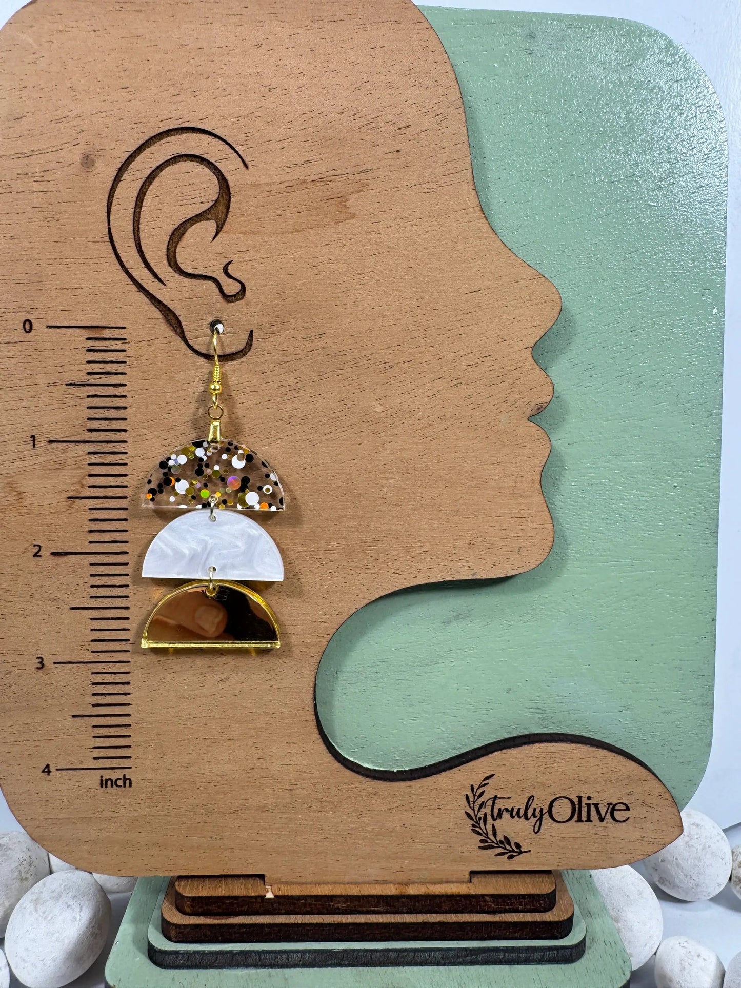 Truly Olive Gold and Black Glass Acrylic Holiday Earrings - Earrings Dangle Earrings