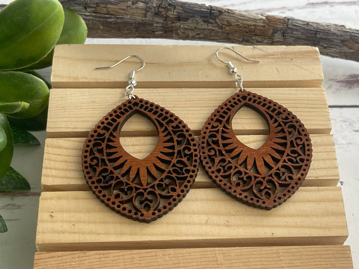 Truly Olive Lightweight Oval Wood Mandala Earrings - Earrings Dangle Earrings