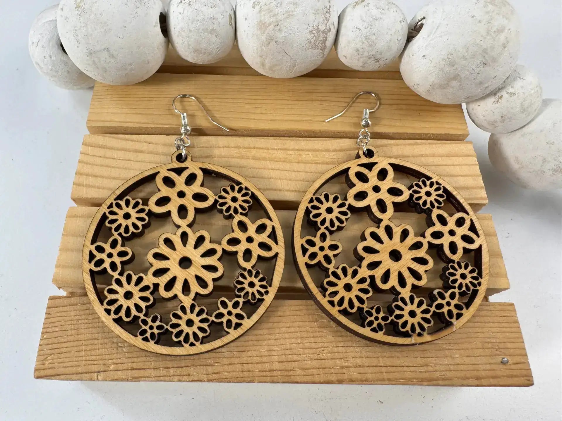 Truly Olive Groovy Flower Pattern Wood Earrings - Earrings Dangle Earrings