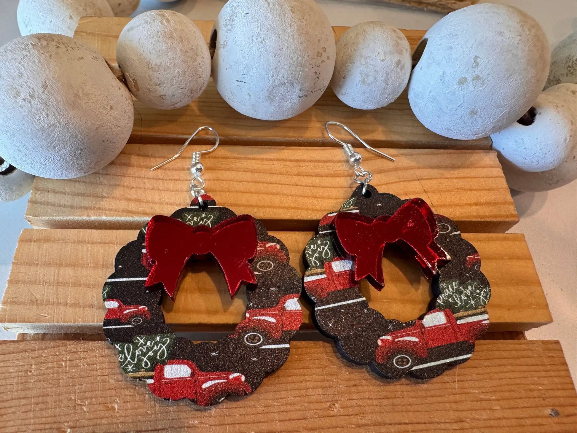 Truly Olive Vintage Red Christmas Truck Wreath Earrings - Earrings Dangle Earrings