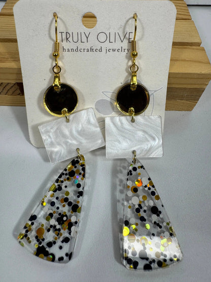 Truly Olive Long Gold Black and White Sparkly Confetti Acrylic Earrings - Earrings Dangle Earrings