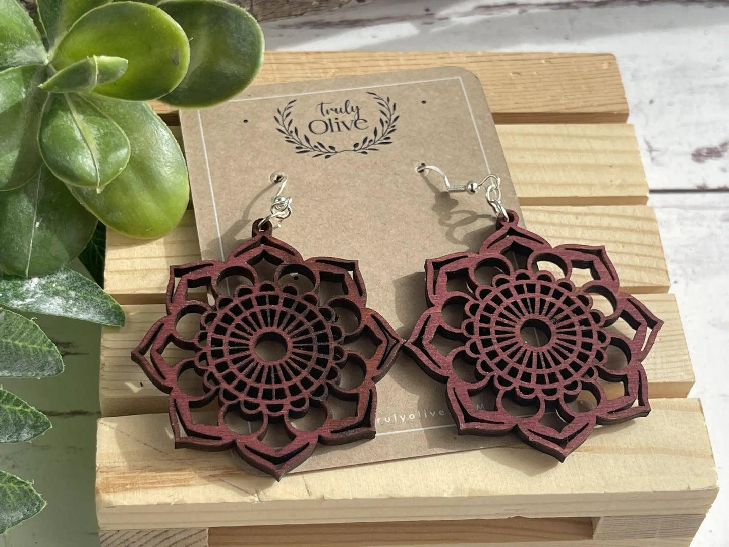 Truly Olive Introducing the Exquisite Lightweight Wood Mandala Earrings - Earrings Dangle Earrings