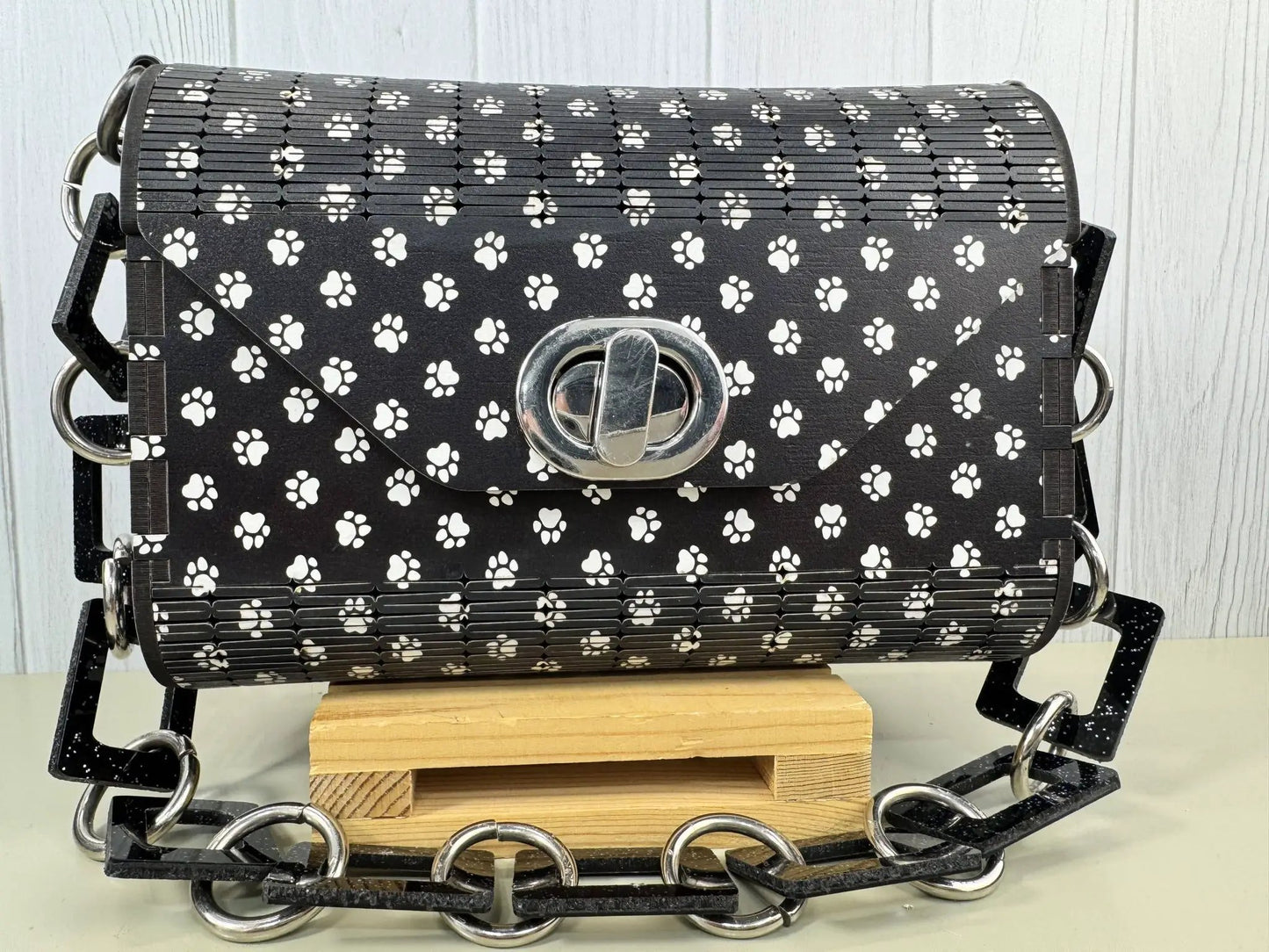 Truly Olive Puppy Paw Print Blue Flower Pattern Wood Handbag Clutch Purse - Clutch Bags Clutch Bag - Women's