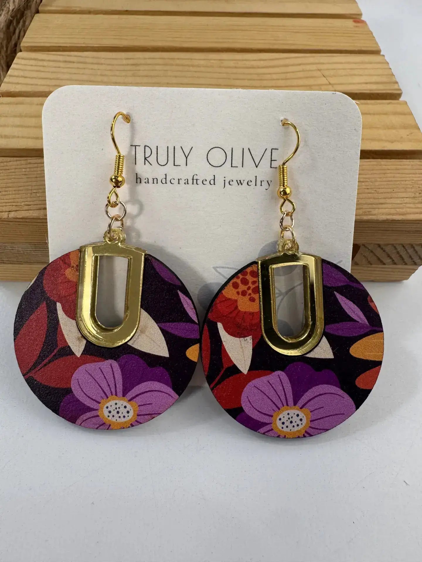 Truly Olive Flower Pattern Wood Earrings Gift For Her - Earrings Dangle Earrings