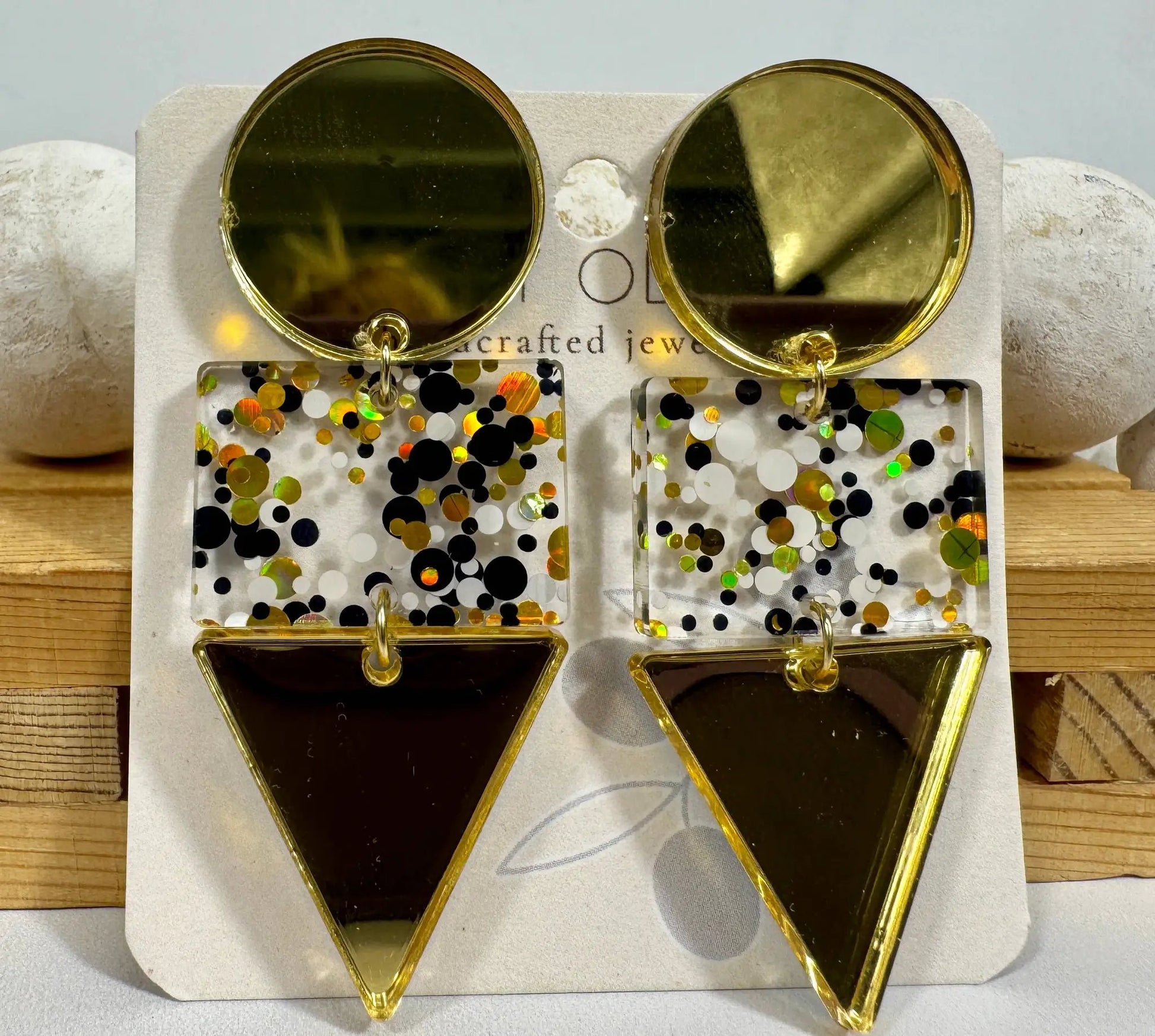 Truly Olive Gold Black and White Glitter Confetti Acrylic Earrings - Earrings Dangle Earrings