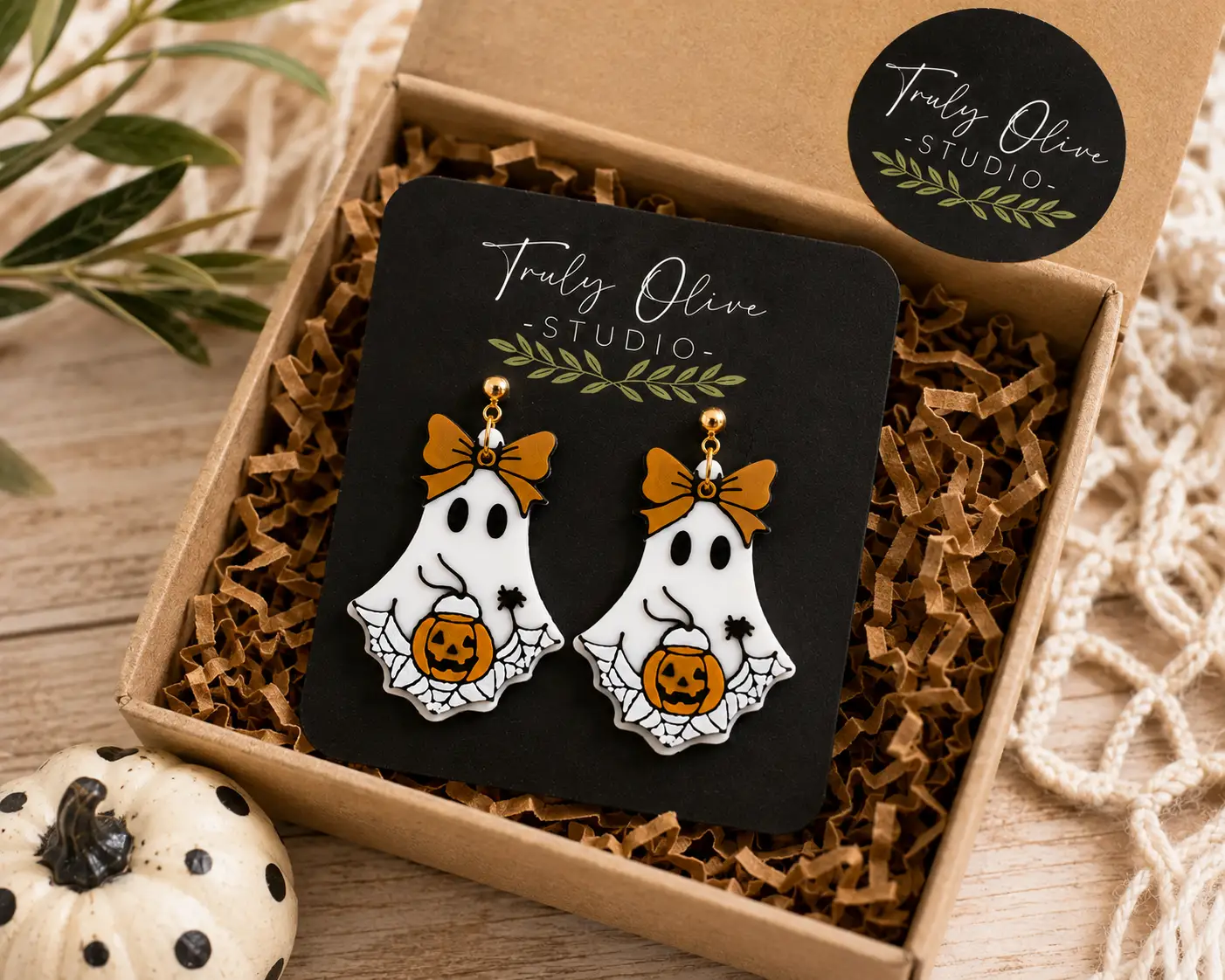 Truly Olive Trick Or Treat Ghost Halloween Statement Earrings with Pumpkin & Bow - Earrings Dangle Earrings