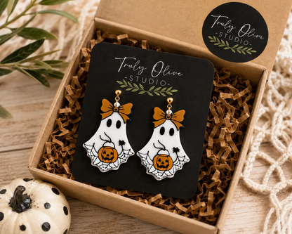 Truly Olive Trick Or Treat Ghost Halloween Statement Earrings with Pumpkin & Bow - Earrings Dangle Earrings
