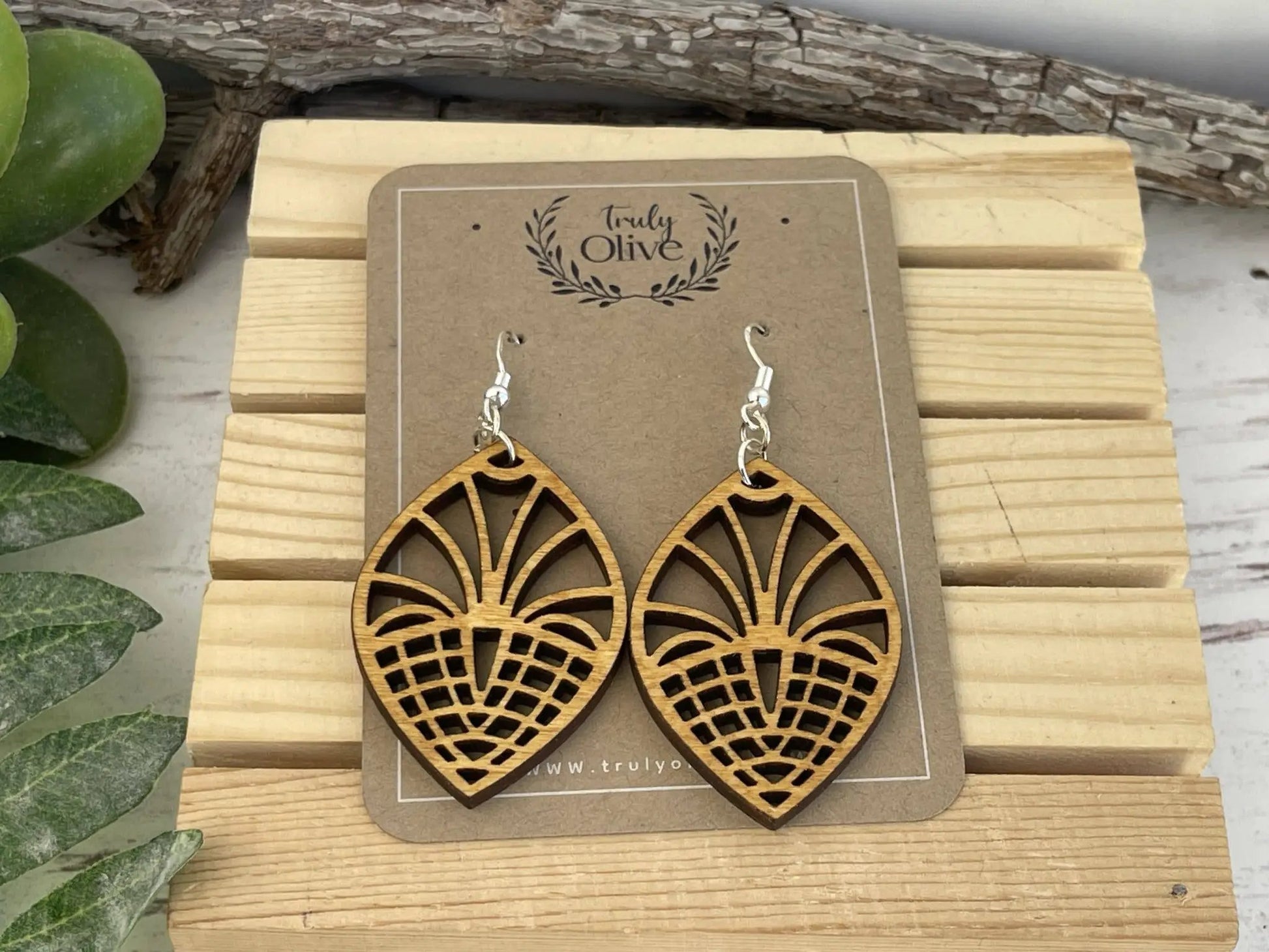 Truly Olive Geometric Style Filigree Lightweight Wood Earrings - Earrings Dangle Earrings