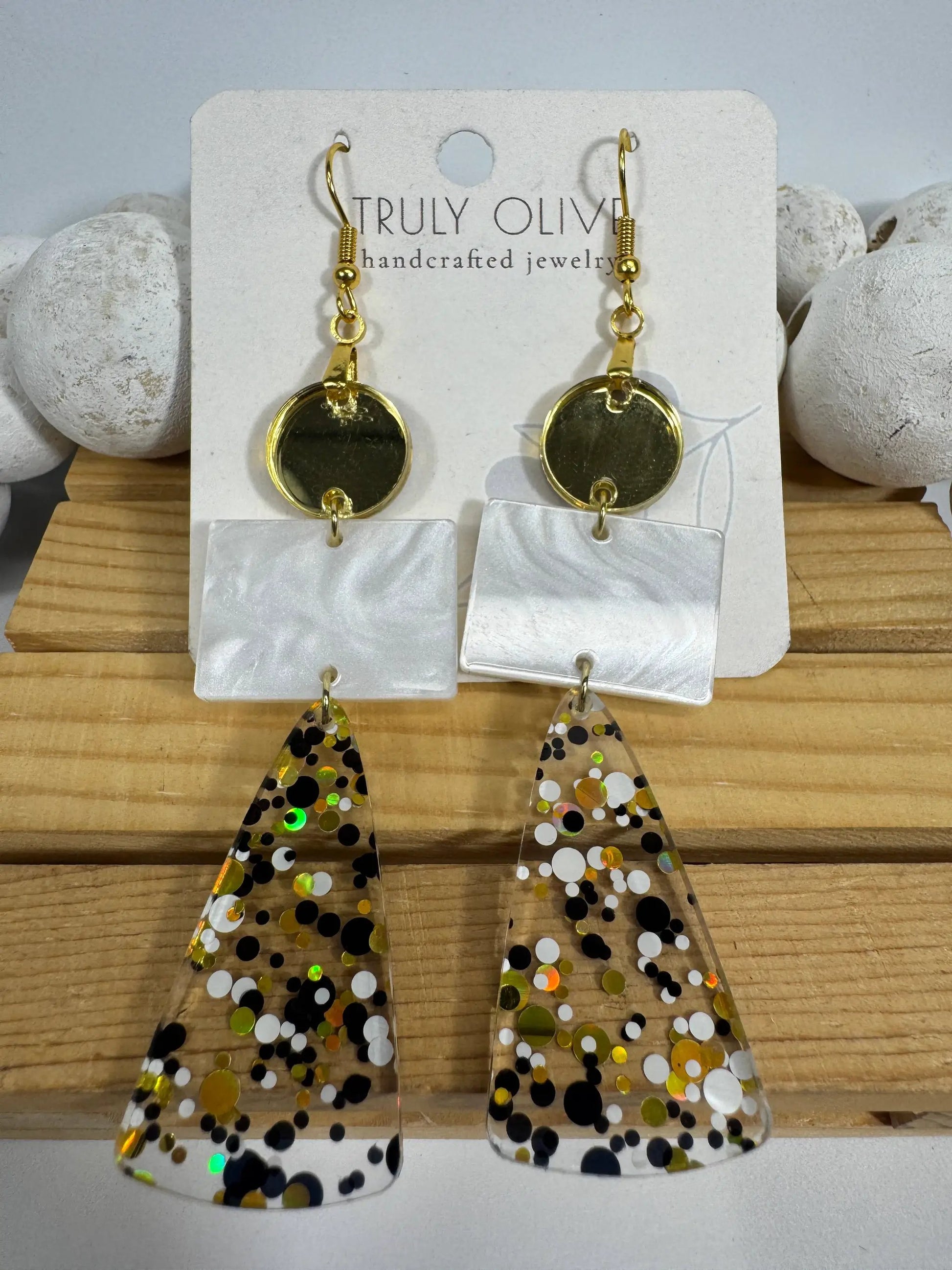 Truly Olive Long Gold Black and White Sparkly Confetti Acrylic Earrings - Earrings Dangle Earrings