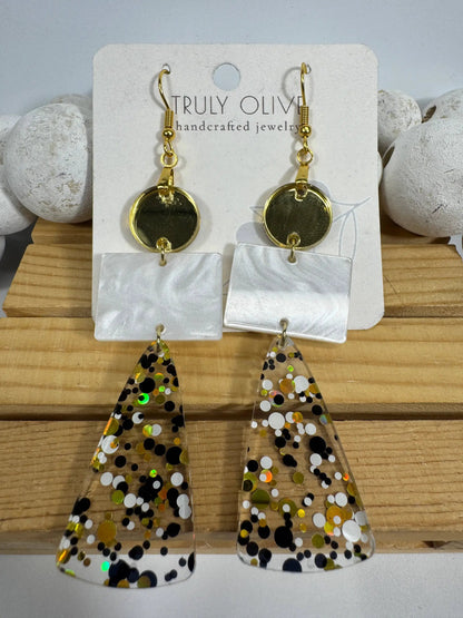 Truly Olive Long Gold Black and White Sparkly Confetti Acrylic Earrings - Earrings Dangle Earrings