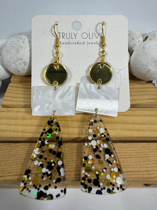 Truly Olive Long Gold Black and White Sparkly Confetti Acrylic Earrings - Earrings Dangle Earrings