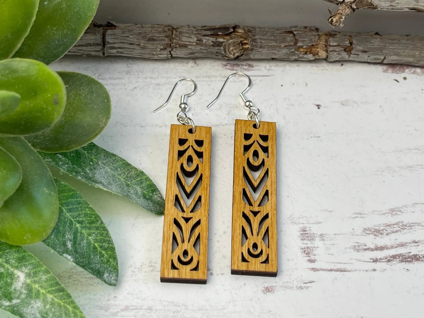 Truly Olive Rectangle Mandala Earrings Lightweight Wood Earrings - Earrings Dangle Earrings