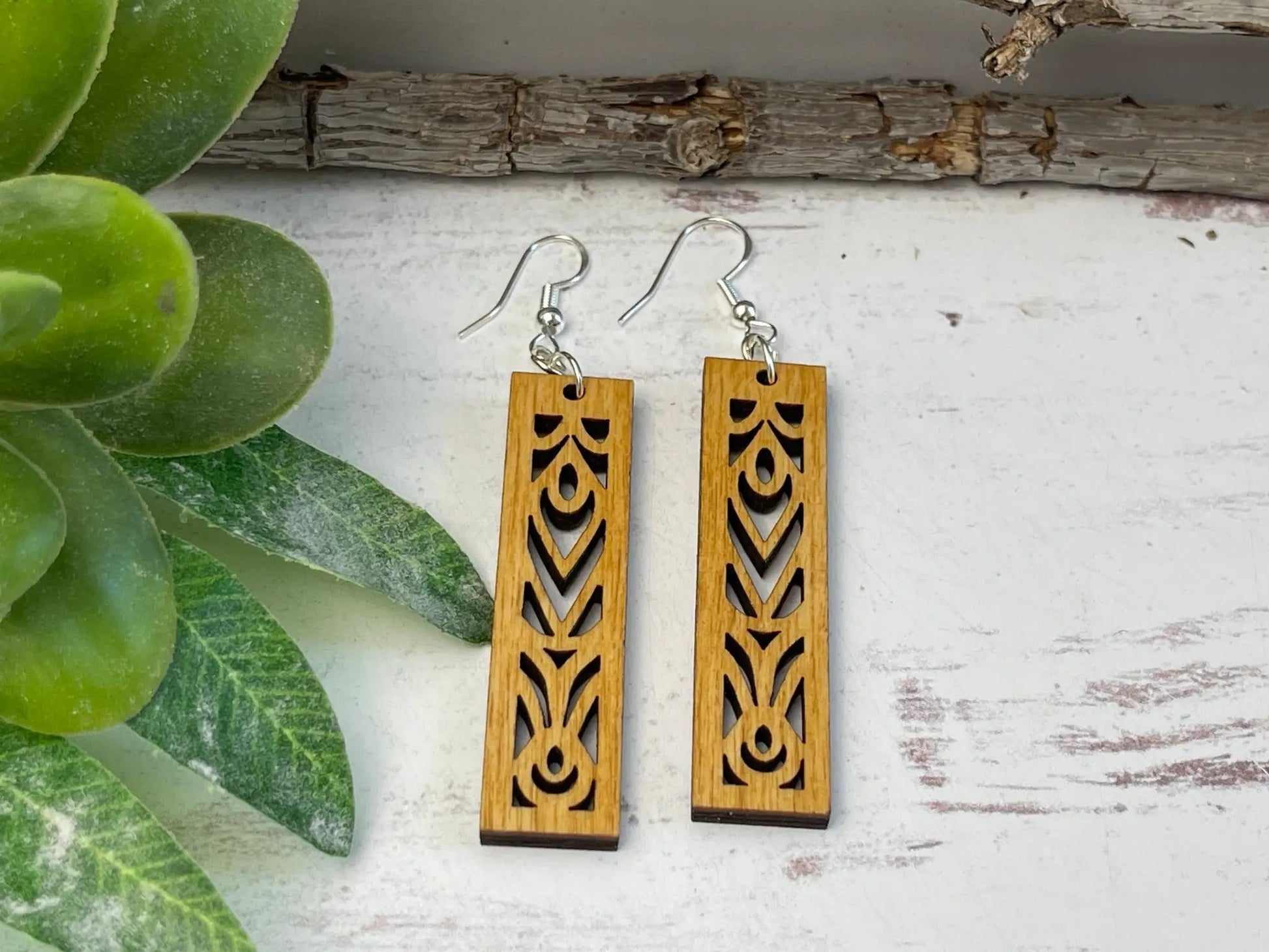 Truly Olive Rectangle Mandala Earrings Lightweight Wood Earrings - Earrings Dangle Earrings