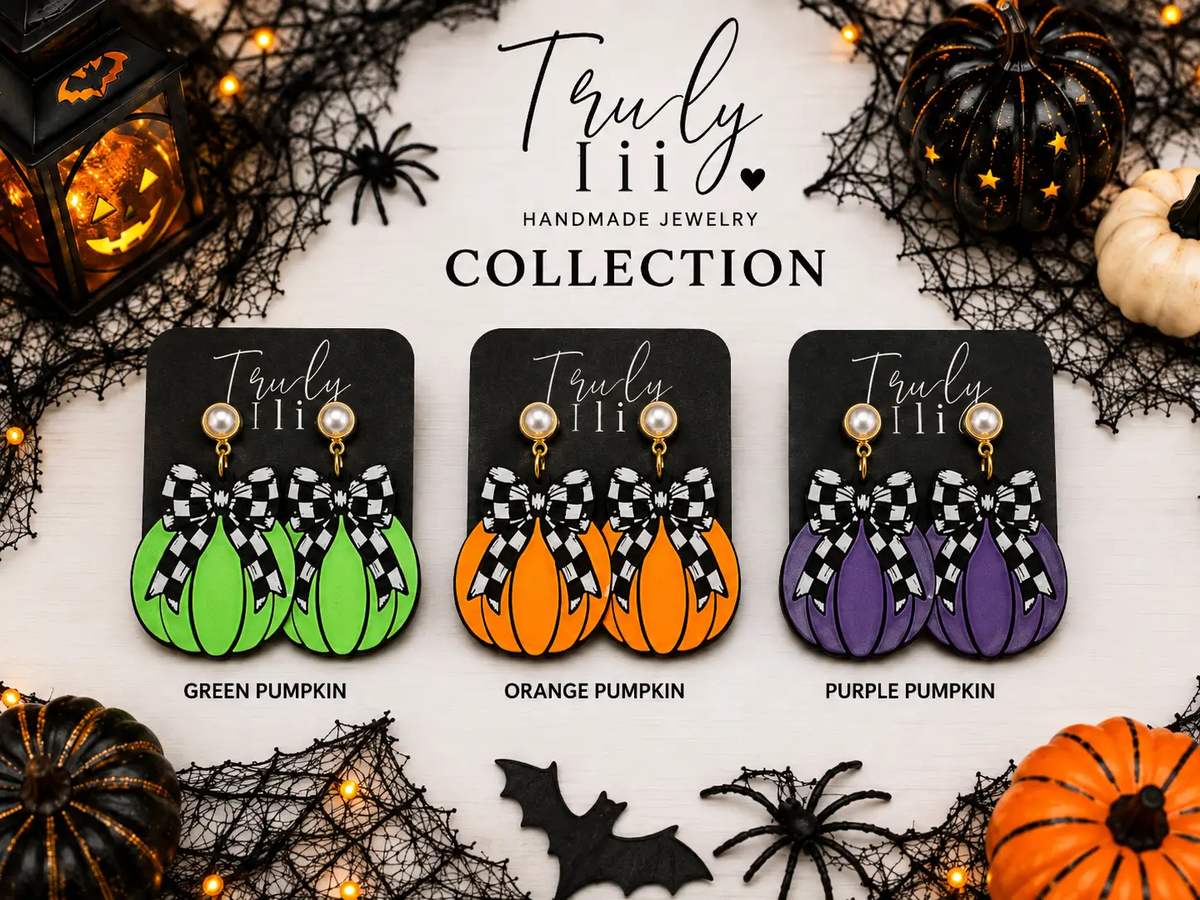 Truly Olive Checkered Bow Pumpkin Earrings For Halloween Style - Earrings Stud/Post Earrings
