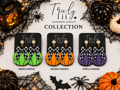 Truly Olive Checkered Bow Pumpkin Earrings For Halloween Style - Earrings Stud/Post Earrings