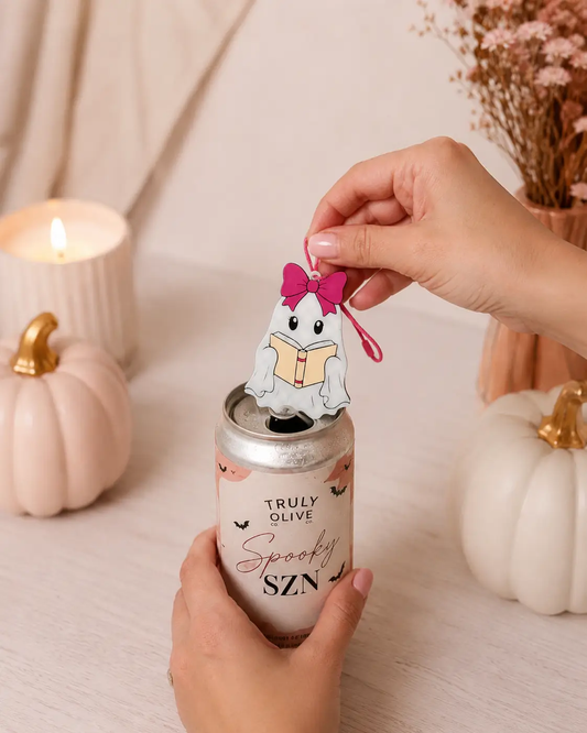 Truly Olive Bookish Ghost Bag Charm | Pink Bow Halloween Keychain & Purse Accessory - Can Openers Can Opener